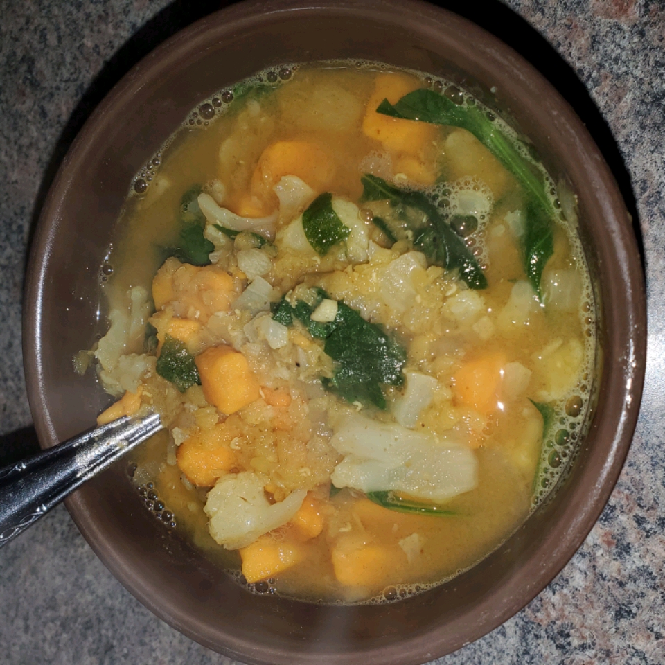 Vegan Curried Cauliflower, Sweet Potato, and Lentil Soup 