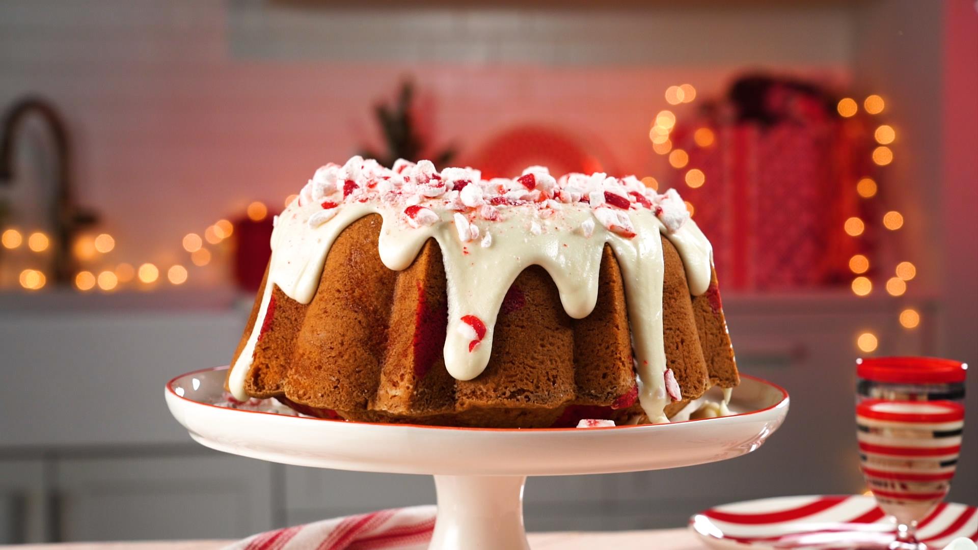 Peppermint Pound Cake with Cream Cheese Peppermint Bark Frosting