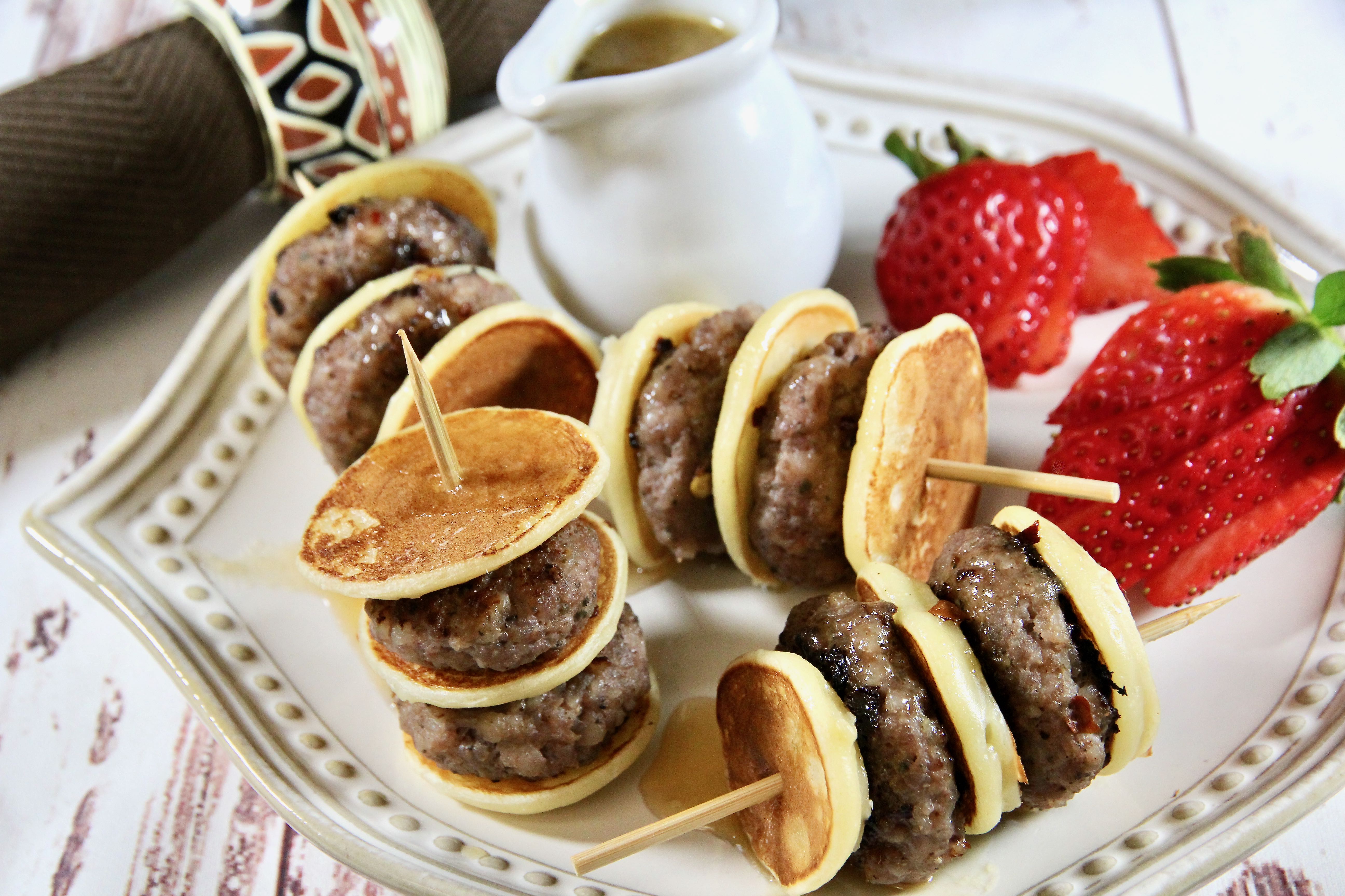 Mini Sausage Pancake Skewers with Spicy Syrup