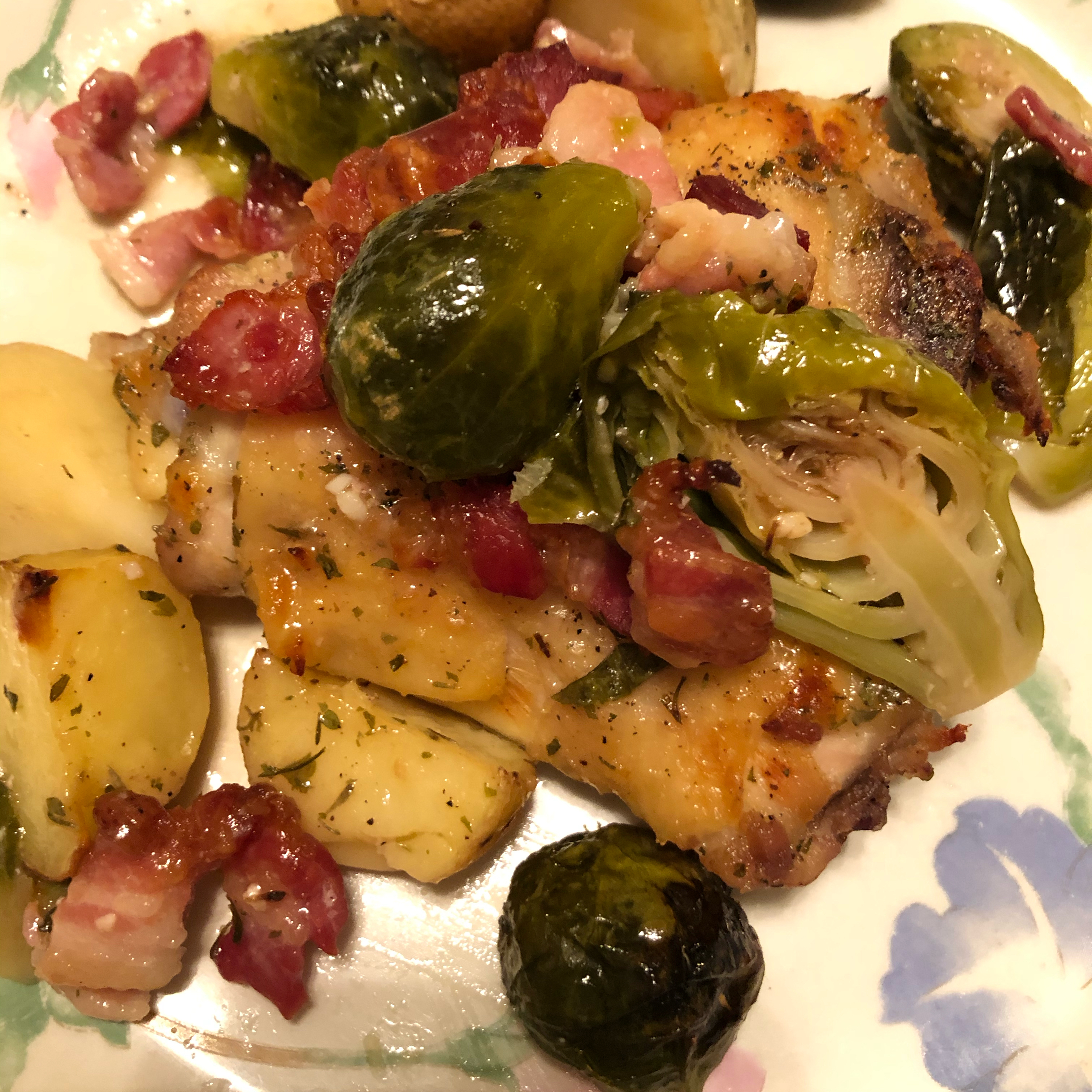 Ranch-Baked Chicken Thighs with Bacon, Brussels Sprouts, and Potatoes Kathie