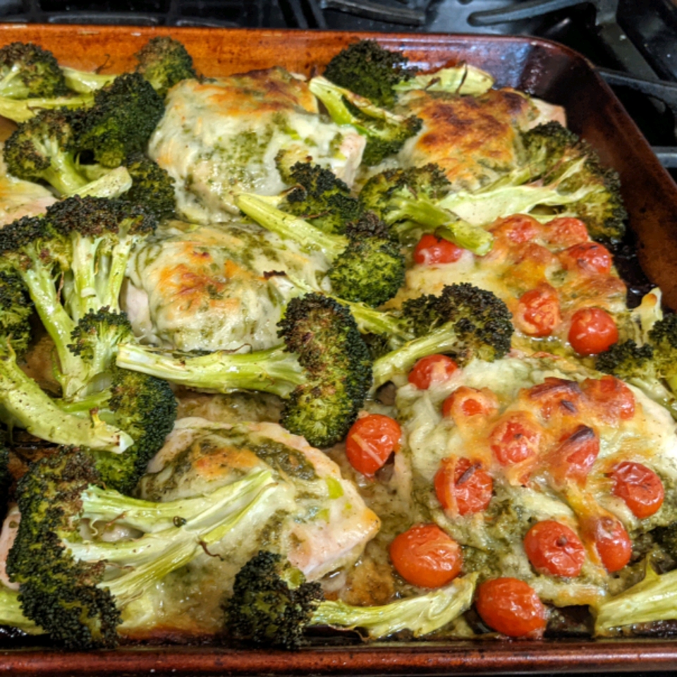 Sheet Pan Chicken with Mozzarella, Pesto, and Broccoli Christy Mathatas