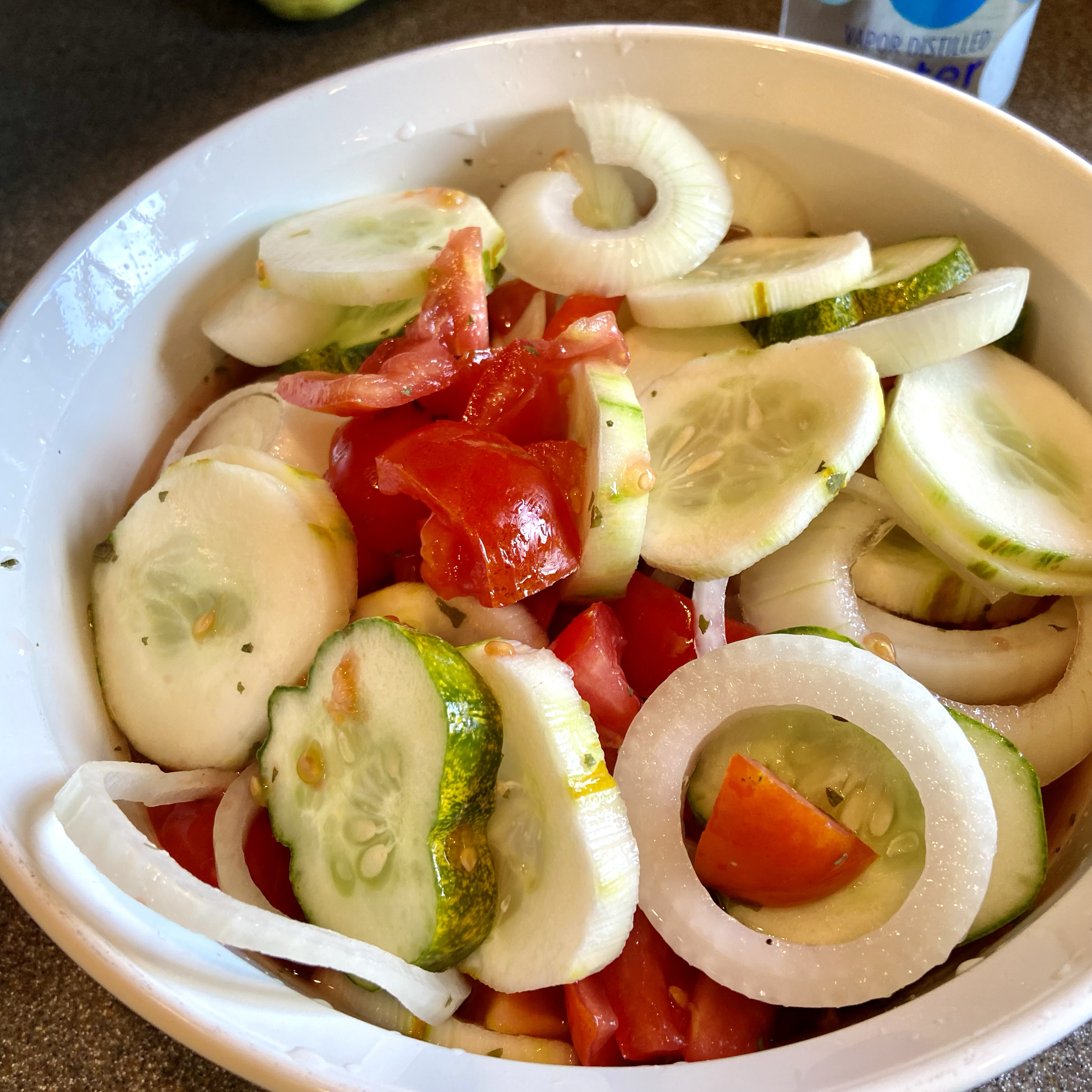 Floating Cucumber, Tomato, and Onion Salad 