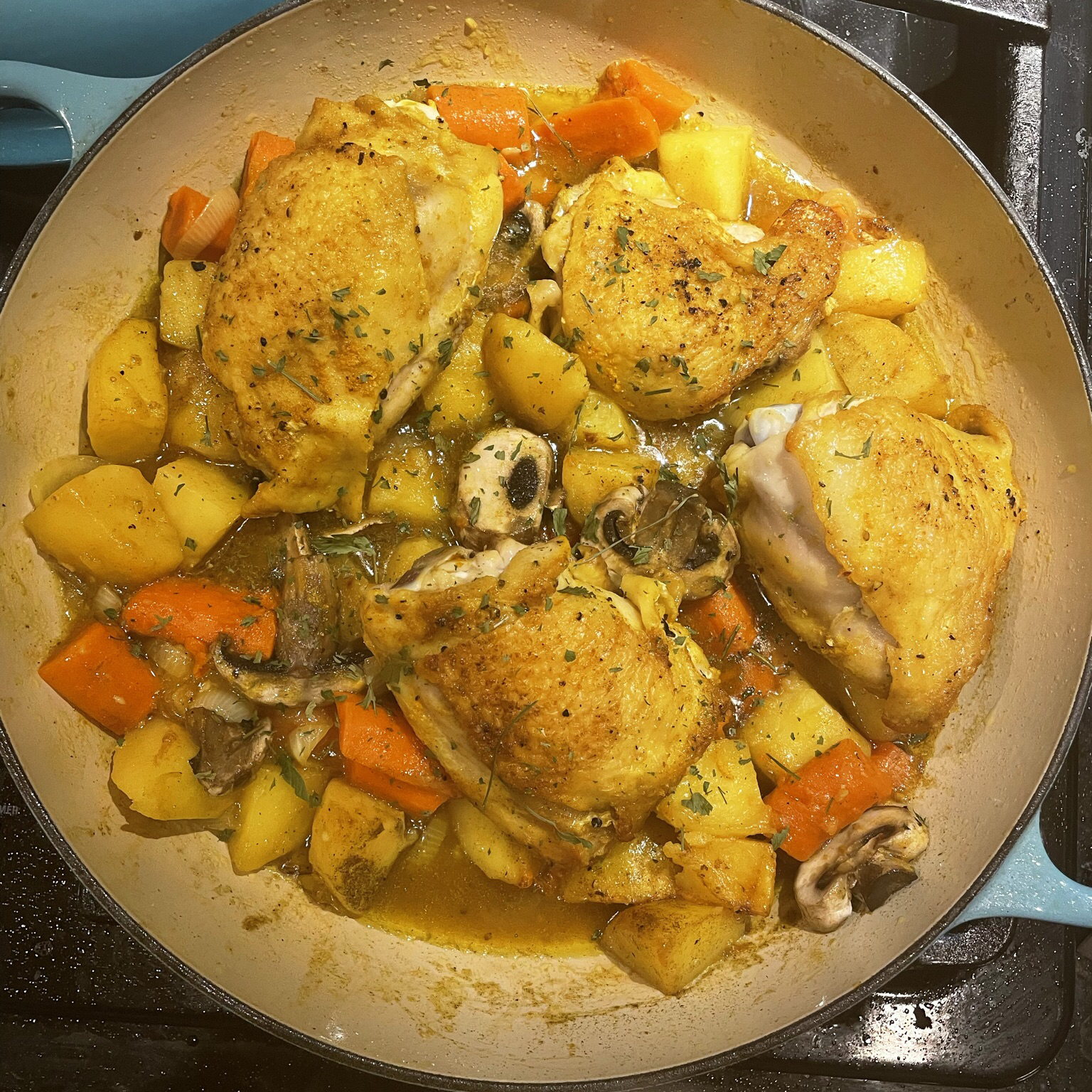 Skillet Chicken Thighs with Carrots and Potatoes Robin Gallé Lang