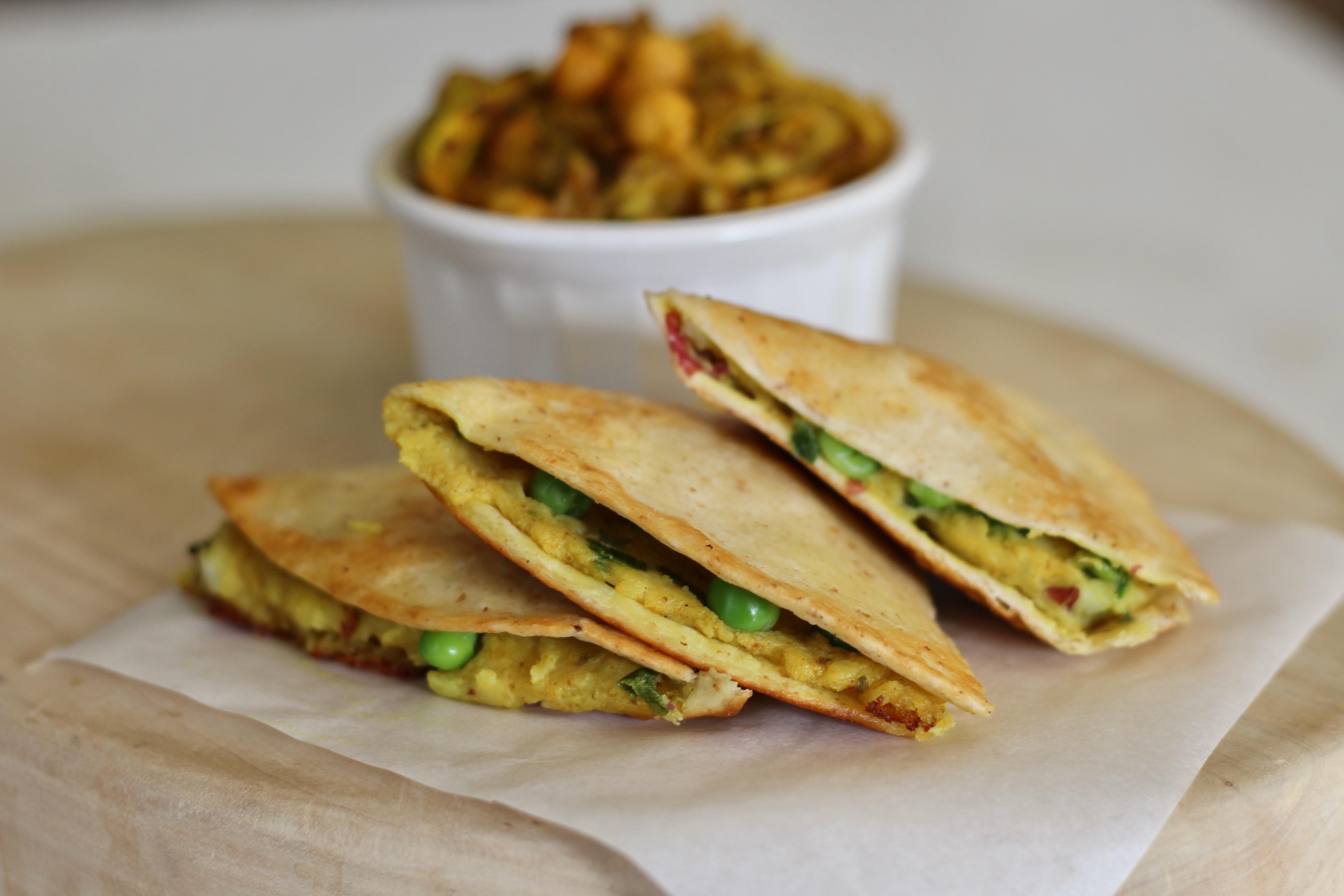 Mal's Samosa Quesadillas with Curried Cabbage and Chickpeas 