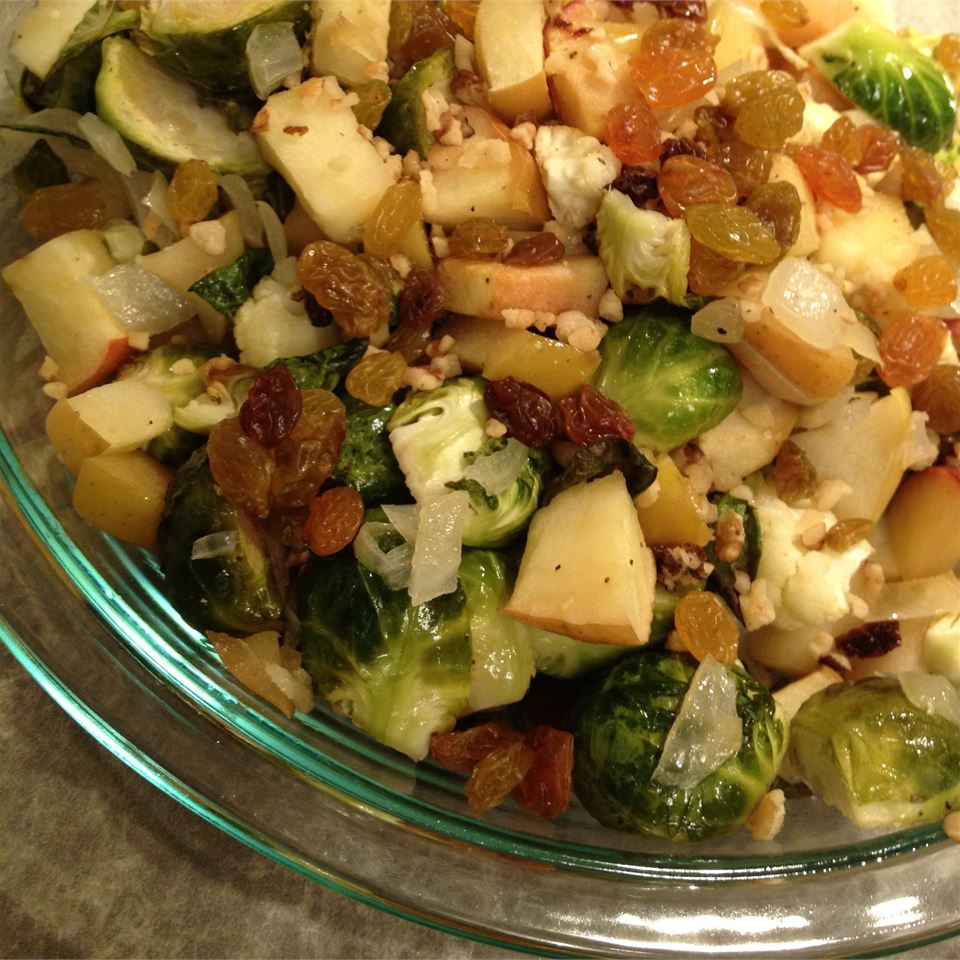 Roasted Brussels Sprouts with Apples, Golden Raisins, and Walnuts