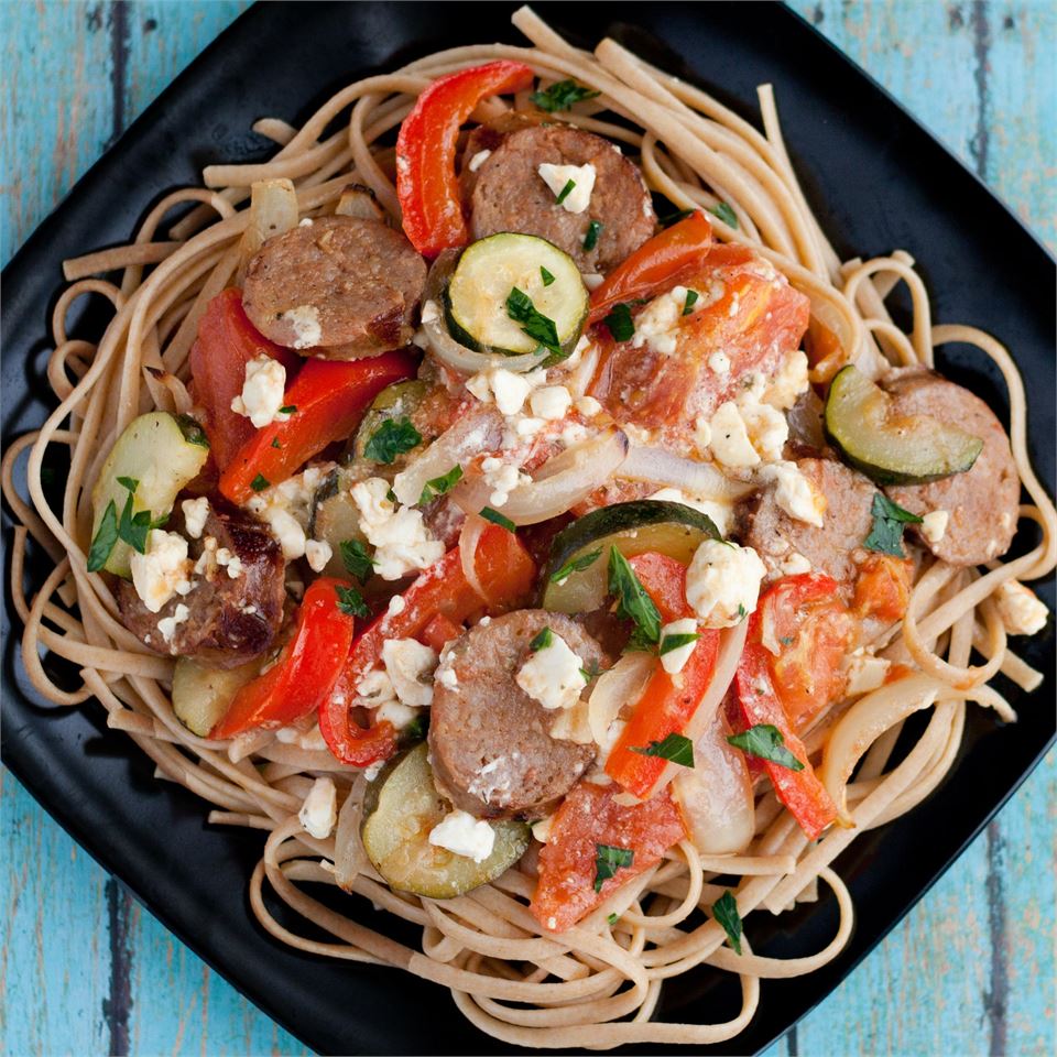 Fettuccine with Roasted Tomatoes, Vegetables and Sausage France C