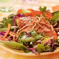 Grilled Salmon, Snap Peas and Spring Mix Salad with Chow Mein Noodles 