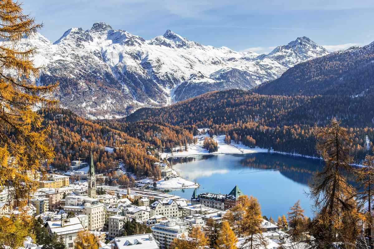 View of St. Moritz, the famouse resort region for winter sport, from the high hill with the first new snow