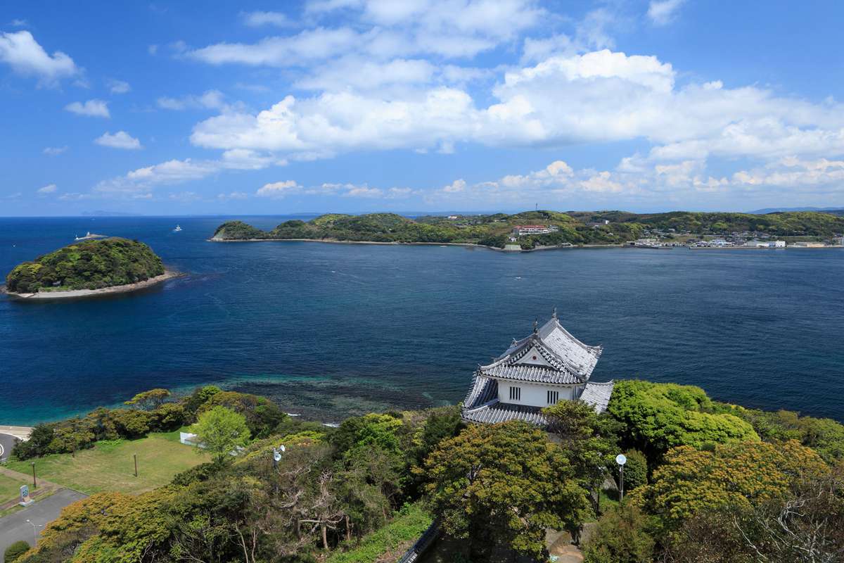A general view of the water and islands from Hirado Castle on April 24, 2010 in Hirado, Nagasaki, Japan.