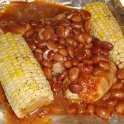 Foiled BBQ Chicken with Corn on the Cob and Pinto Beans 