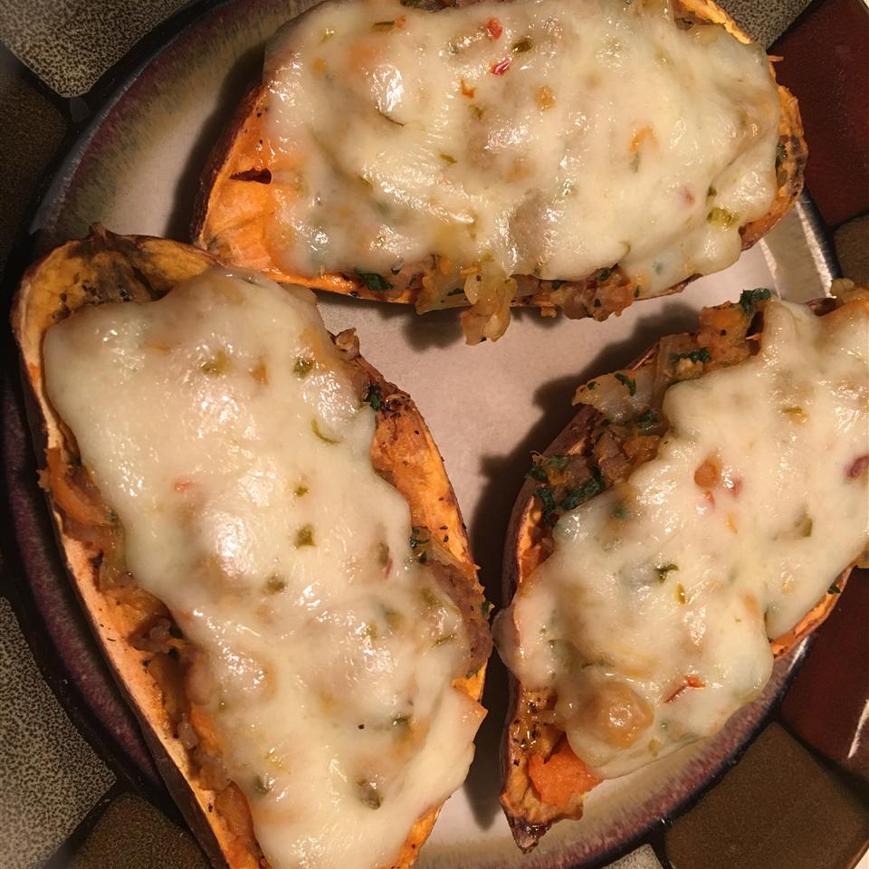 Cheesy Chorizo and Egg Sweet Potato Boats 