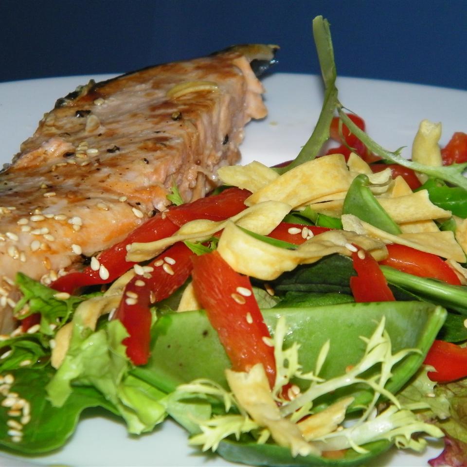 Grilled Salmon, Snap Peas and Spring Mix Salad with Chow Mein Noodles Seattle2Sydney