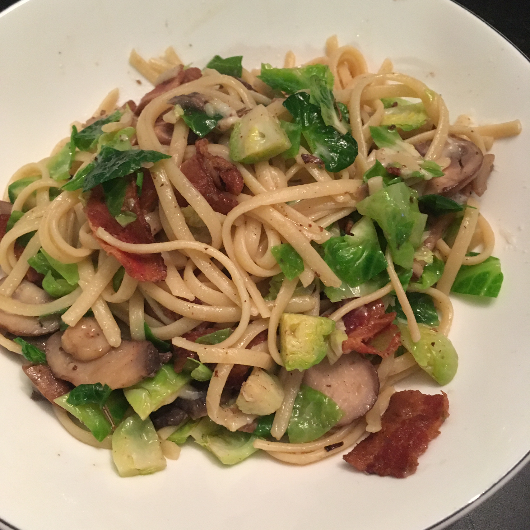 Bacon, Brussels Sprouts, and Mushroom Linguine 