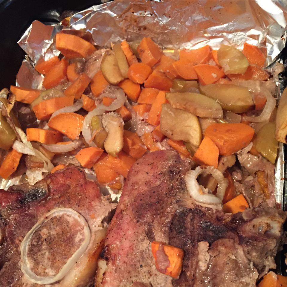 Pork Chops with Apples, Onions, and Sweet Potatoes 