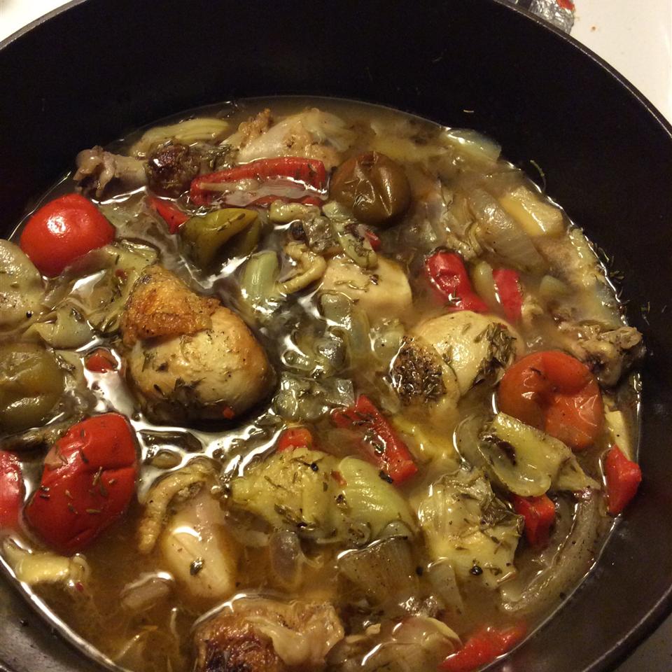 Braised Chicken and Artichoke Hearts with Lemon, Cherry Peppers and Thyme 