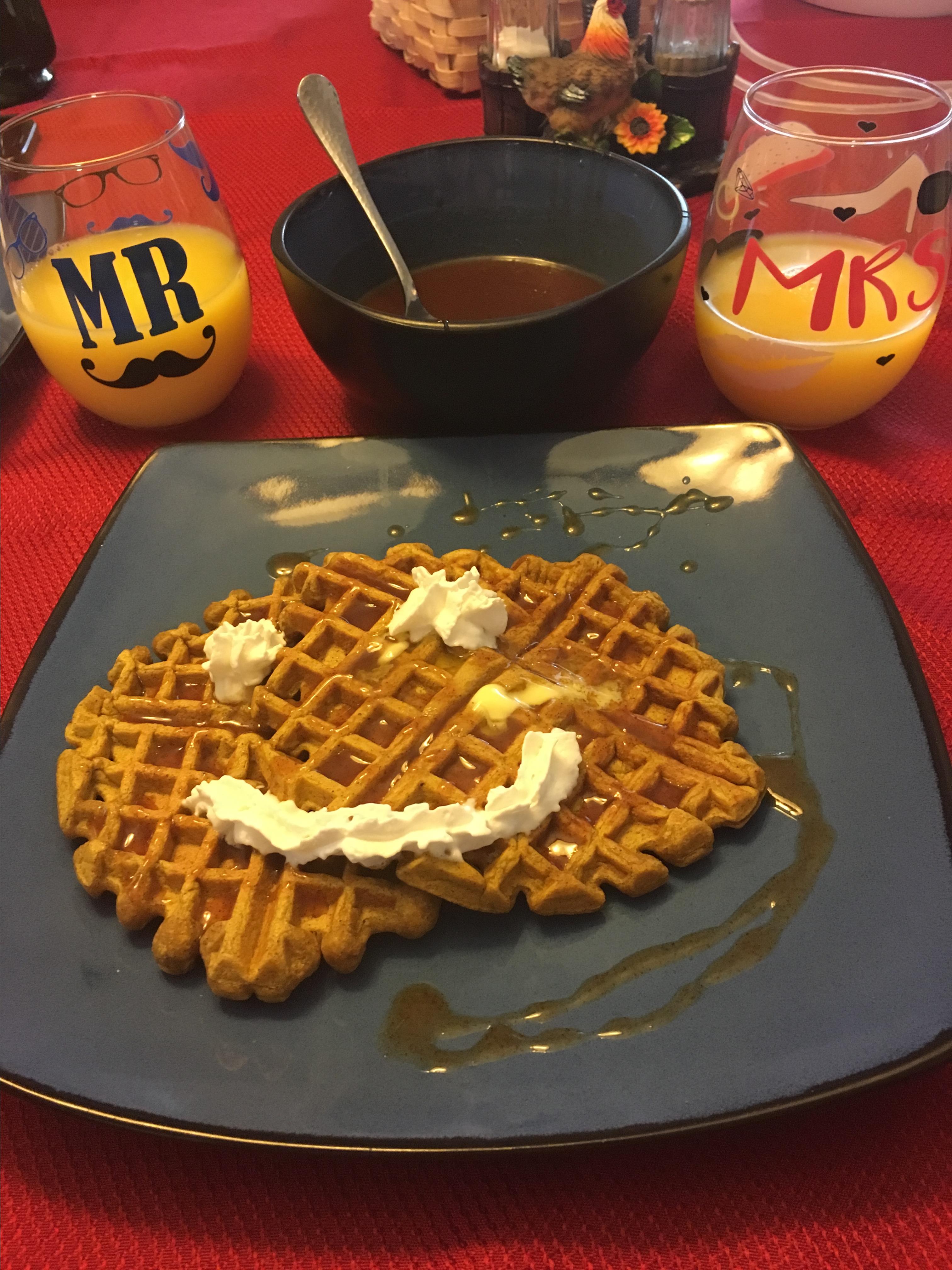 Pumpkin Waffles with Apple Cider Syrup 