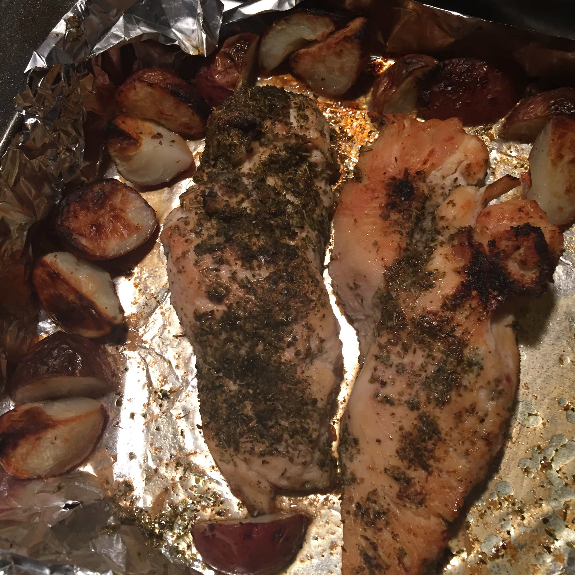 Broiled Chicken Breasts with Herbs, Carrots, and Red Potatoes 