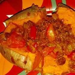 Baked Sweet Potato with Onions and Red Peppers 