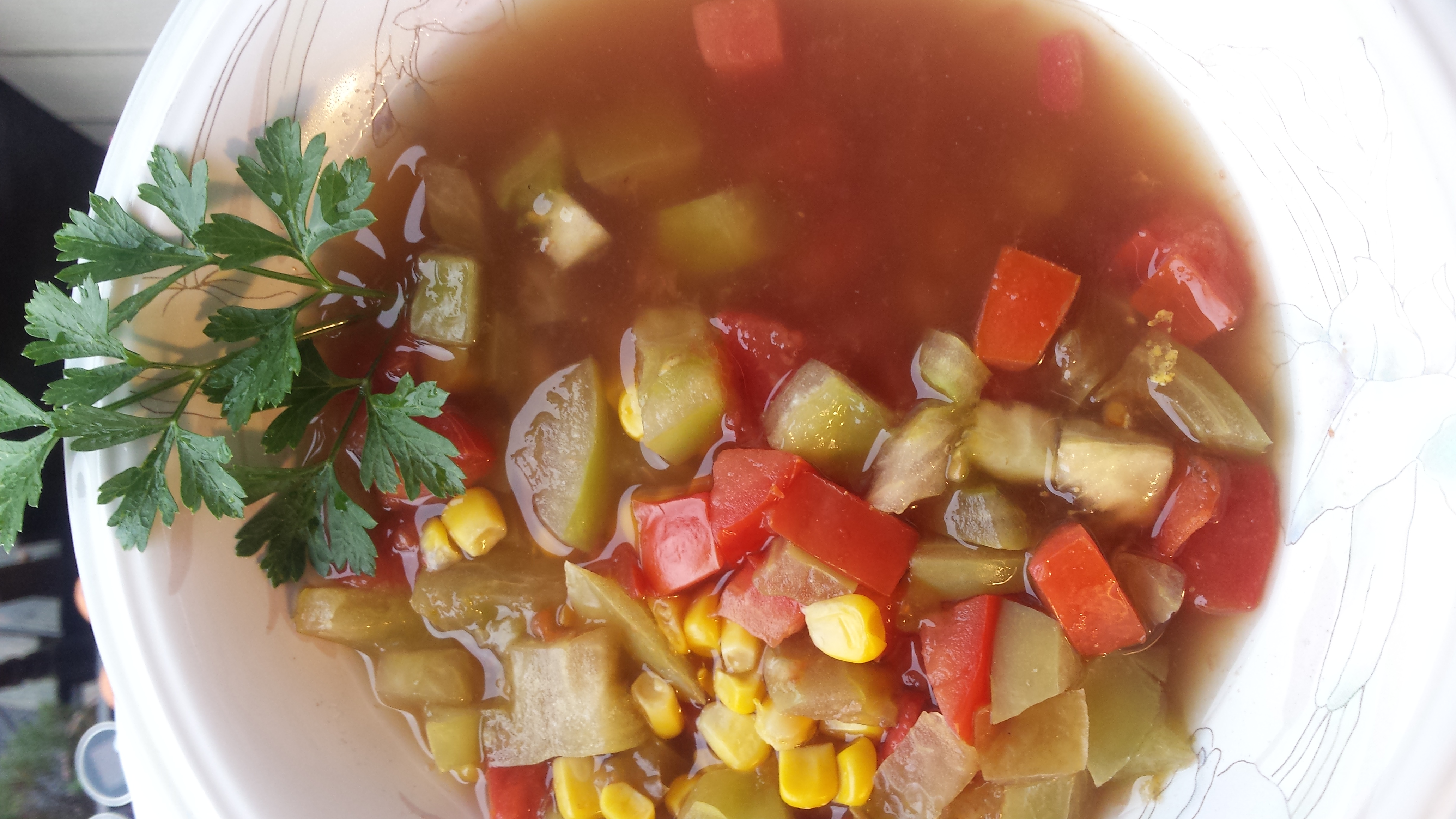 Green and Red Tomato and Corn Soup 