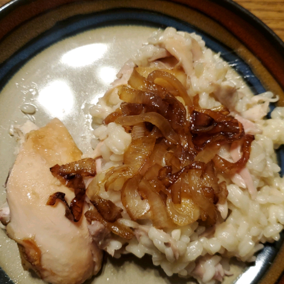 Roasted Chicken with Risotto and Caramelized Onions 