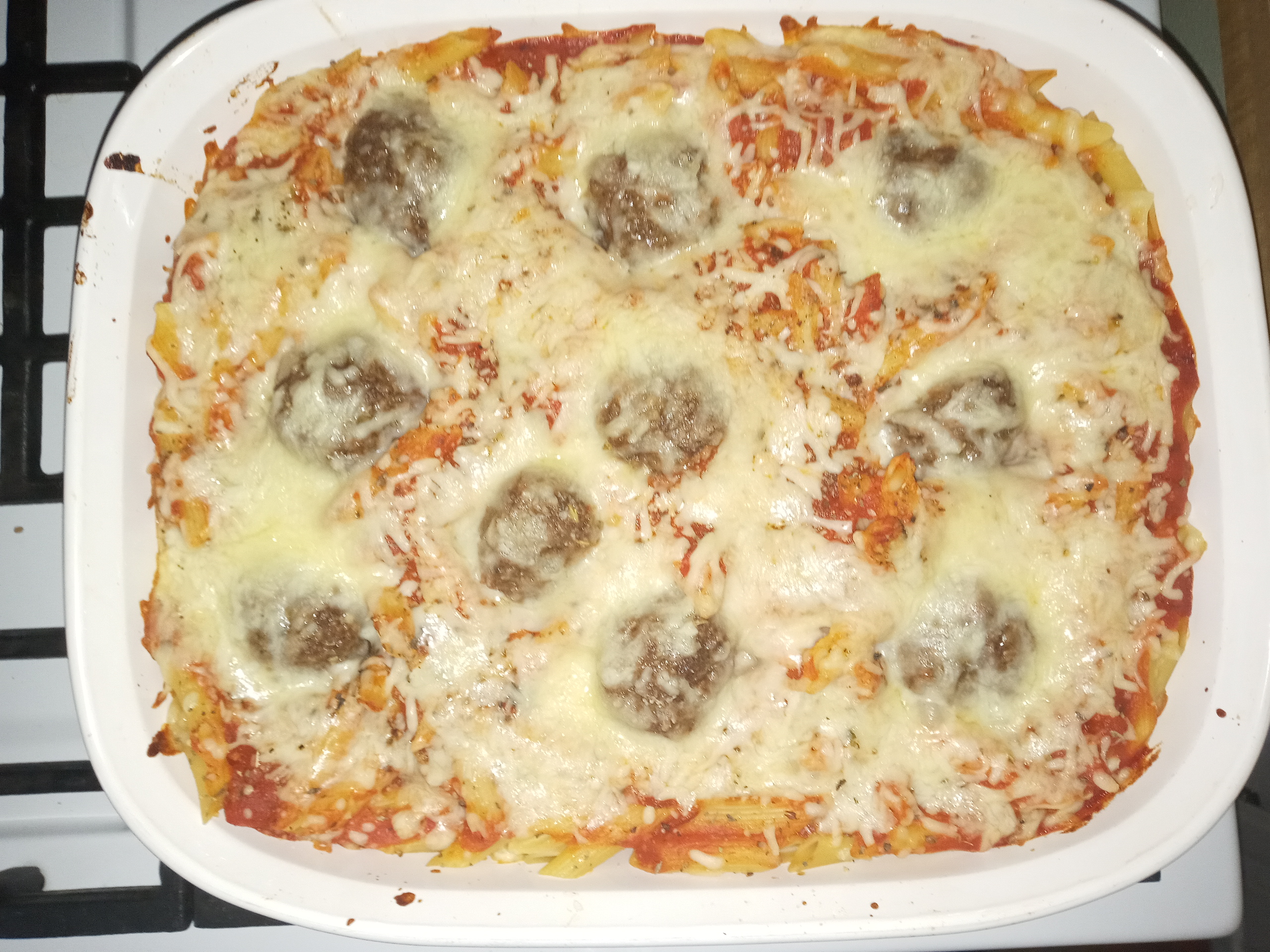 Easy Pasta Bake with Mostaccioli and Meatballs 