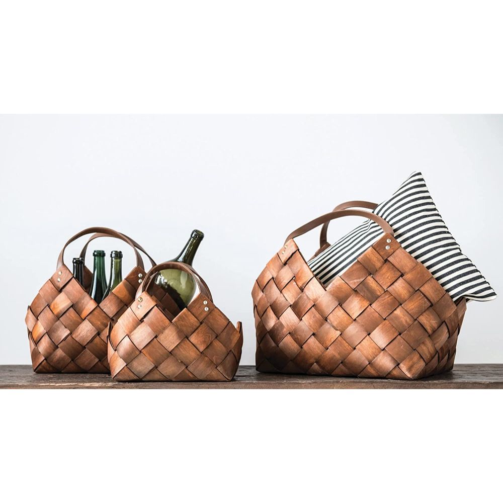 Woven Basket with Leather Handles