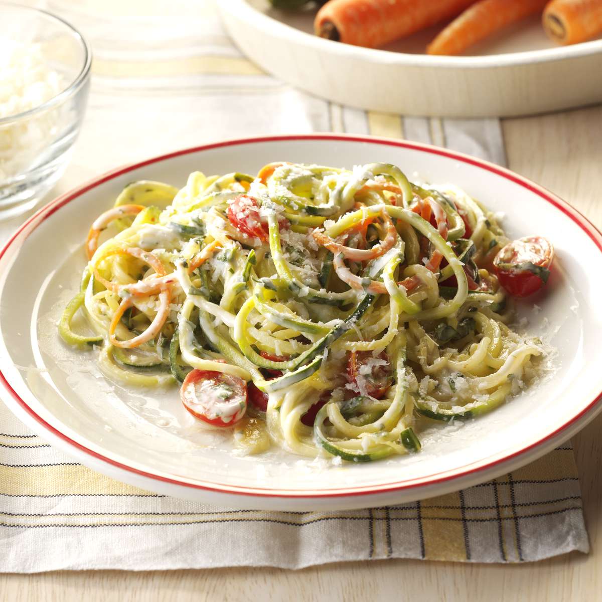 Hidden Valley Carrot and Zucchini Noodles with Creamy Arugula Basil Pesto 