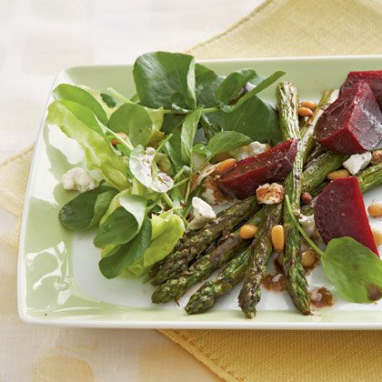 Spring Salad of Roasted Asparagus, Goat Cheese, and Toasted Pine Nuts 