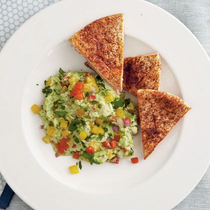 Edamame Guacamole with Chile-Dusted Pita Chips 