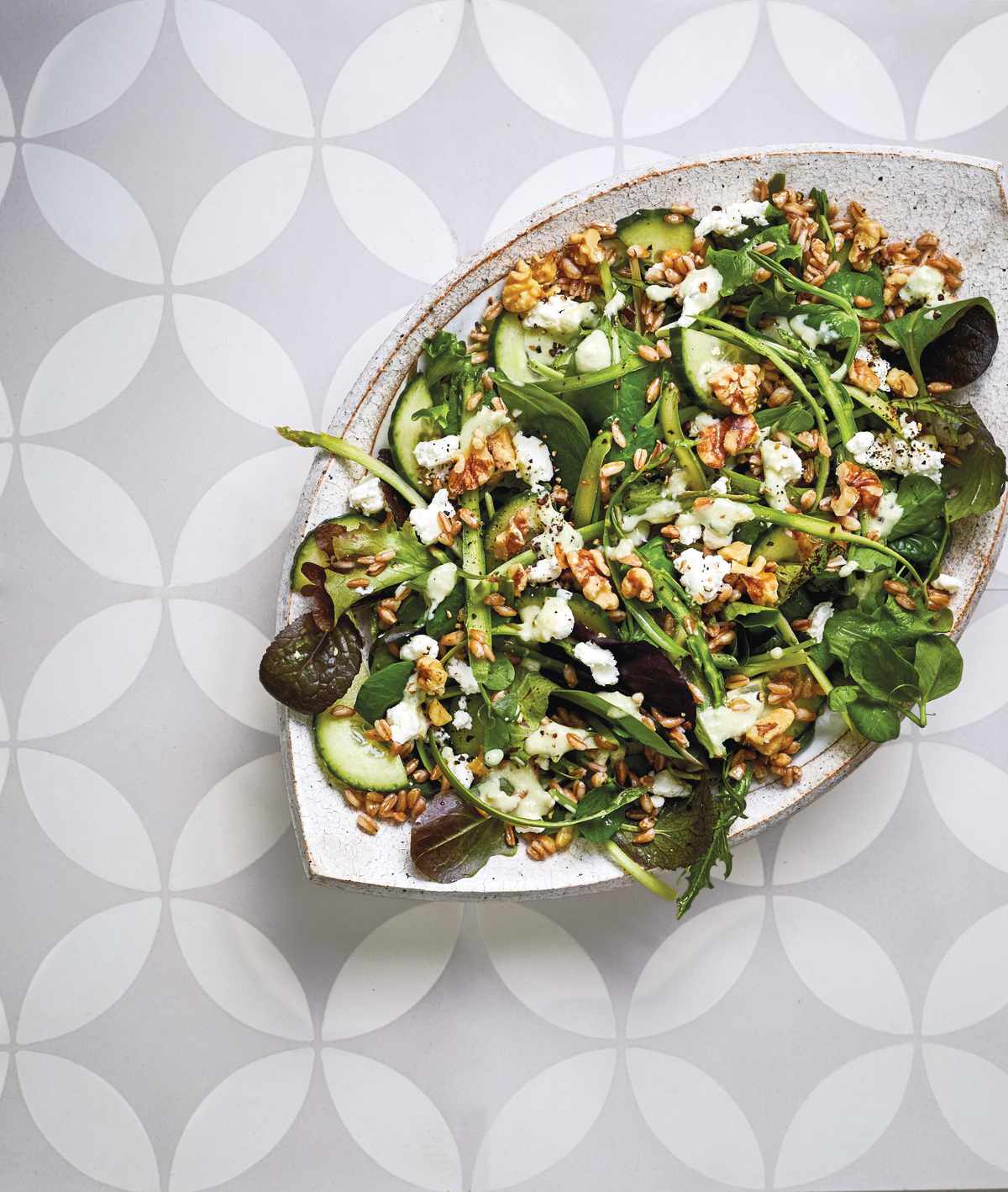Farro-Baby Greens Salad With Cucumber and Goat Cheese 
