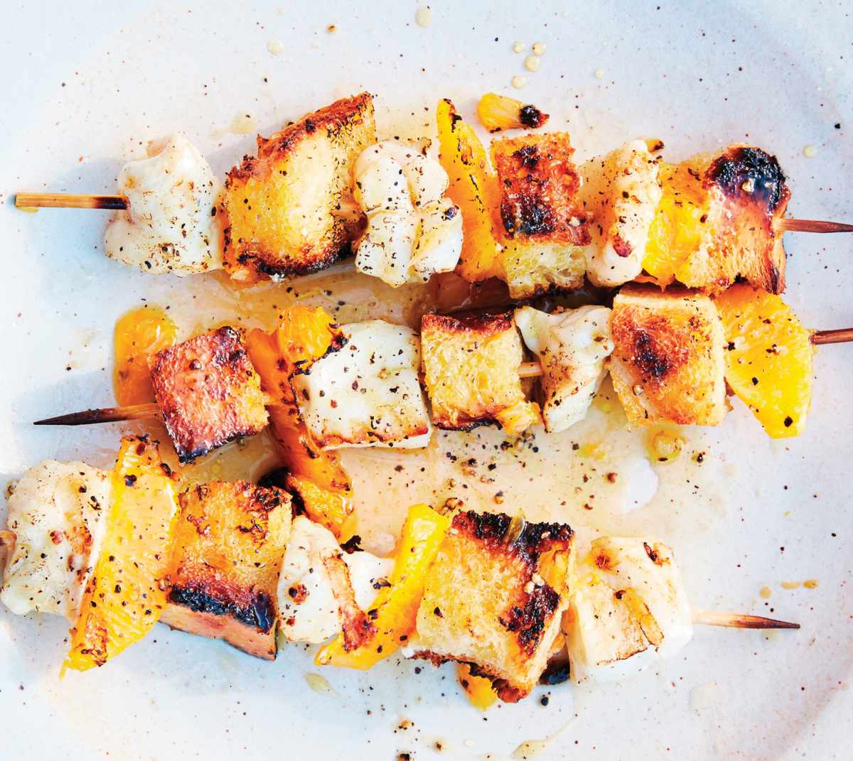 Seafood Skewers with Croutons and Orange