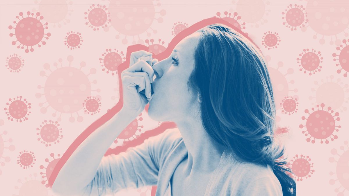 Woman using asthma inhaler , asthma-covid , covid-19 , coronavirus ,