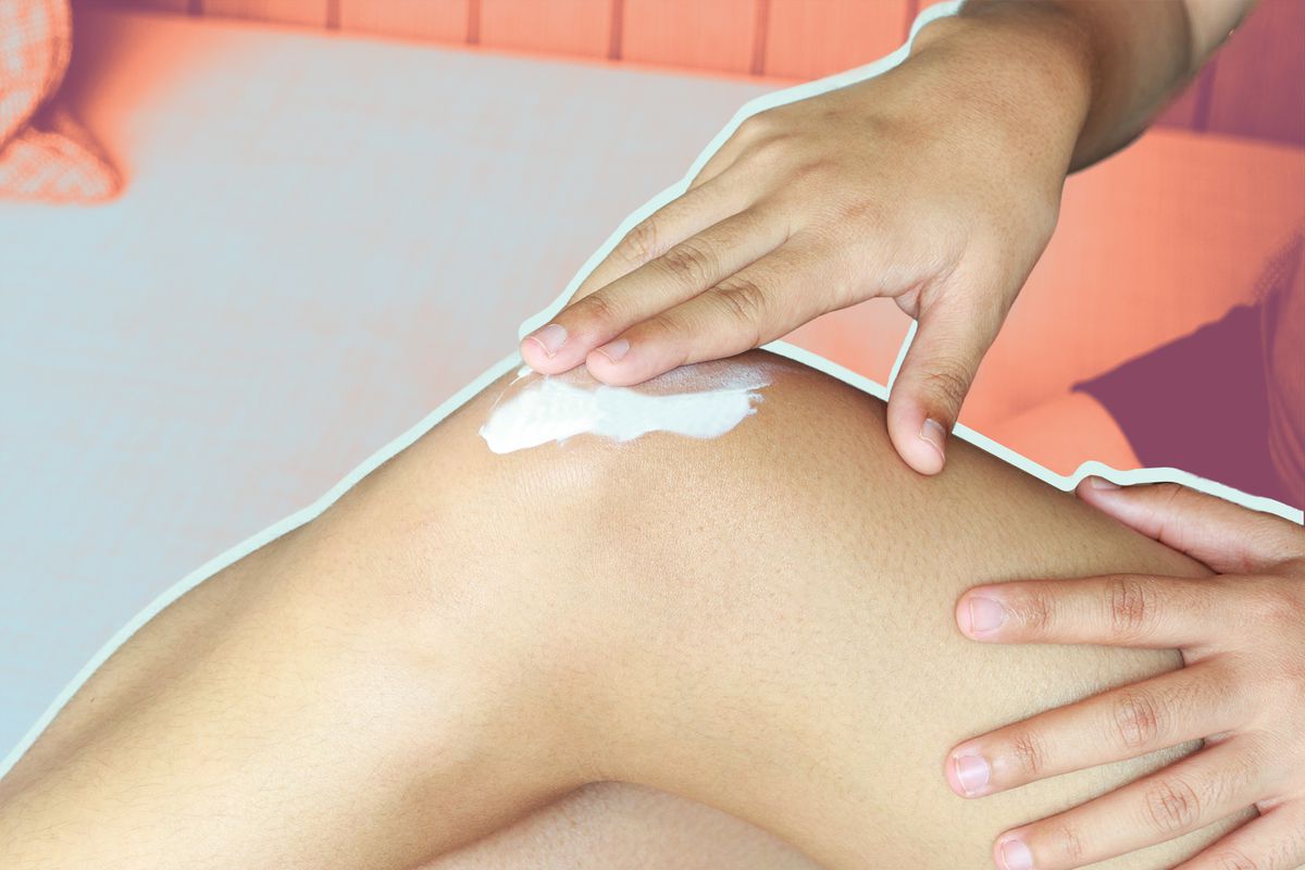 女性在膝盖上涂霜的裁剪图像，cbd-pain面霜，cbd-pain, pain, cbd