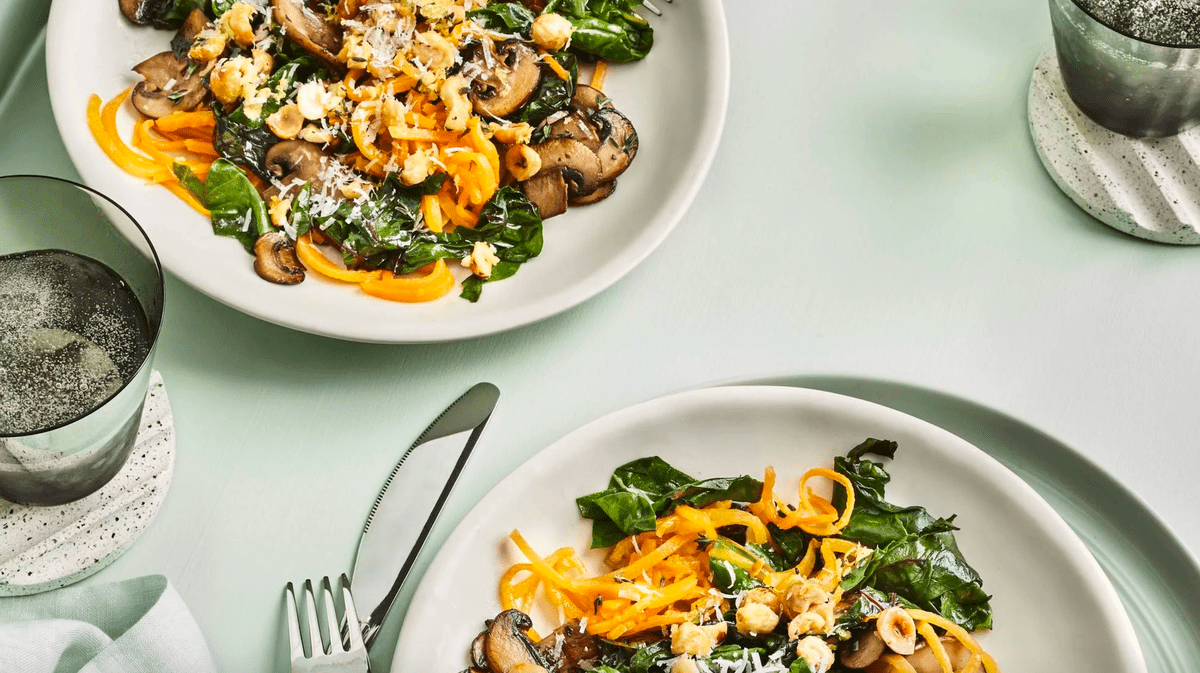 <p>Swap out your usual pasta dinner for the veggie version&mdash;trust us, you won't even miss the spaghetti.</p><p>Ingredients:&nbsp;</p>
                             	8 cups spiralized butternut squash (1&#xBC; lb.)
                             	3 tablespoons olive oil, divided
                             	2 tablespoons chopped roasted hazelnuts
                             	1 teaspoon lemon zest, plus 2 Tbsp. fresh juice, divided
                             	2 ounces Parmesan cheese, finely shredded (about &#xBE; cup), divided
                             	2 teaspoons fresh thyme leaves, divided
                             	1 pound sliced fresh cremini mushrooms
                             	8 cups chopped fresh Swiss chard (from 1 [6-oz.] bunch)
                             	1 tablespoon finely chopped garlic
                             	1 tablespoon unsalted butter
                             	3/4 teaspoon kosher salt
                            <p>Calories: 299</p><p>Try this recipe: Chard and Mushroom Butternut Noodles</p>
