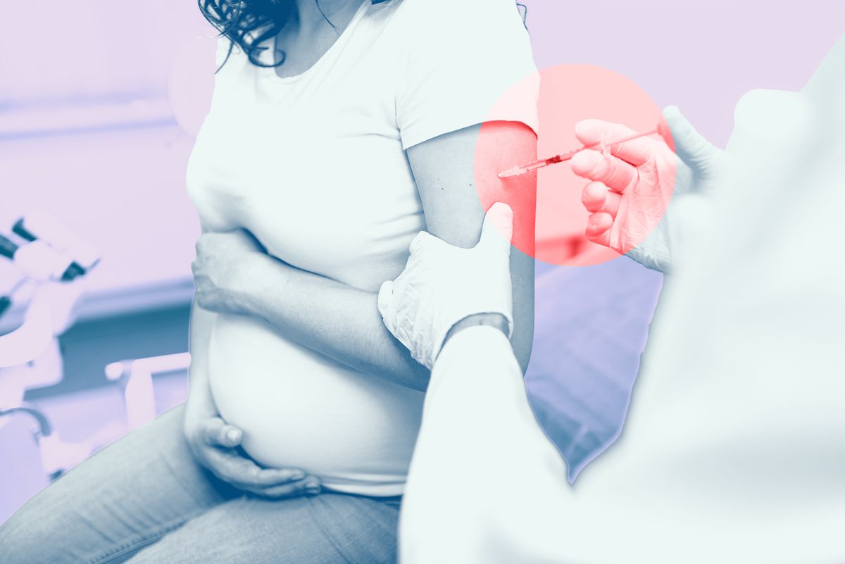 Vaccine injection procedure for a pregnant woman, cropped view without face