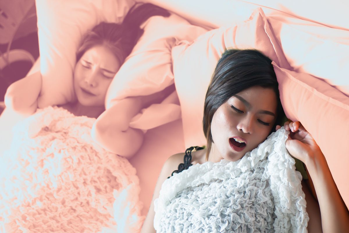 一个女人睡觉时大声打鼾，把她的室友吵醒了。睡眠障碍，打鼾问题的概念
