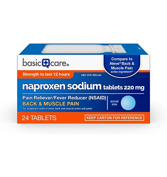 box containing naproxen sodium for back and neck relief with blue tablets