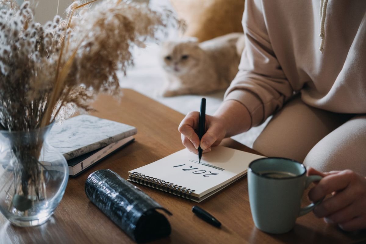 2021年的目标，新年决心，计划。在有猫的公寓里，女人在笔记本上写着2021年的文字。记事本列表概念，手写文本2021和加载规模。