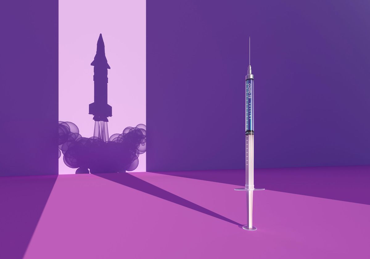 Vaccine Booster Doses , Digital generated image syringe with COVID-19 vaccine standing on purple surface and dropping shadow in shape of taking off rocket. , Covid-19 vaccine syringe , rocket silhouette