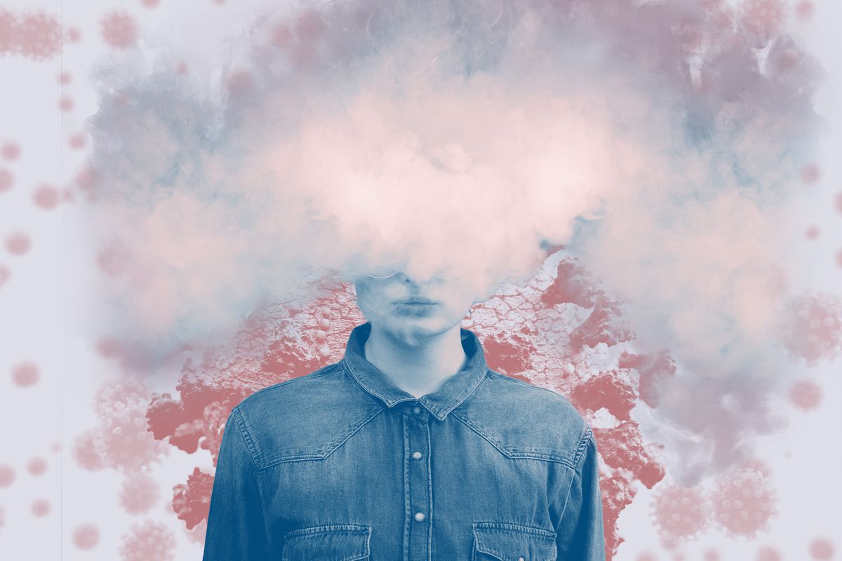 New Study Suggests Brain Fog Is a Sign of Long COVID , Serious young woman is standing while having smoke around her head. Excess of information concept. Coronaviruses background