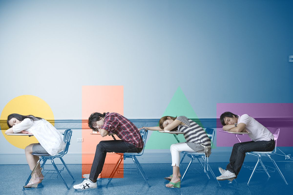 Students sleeping on desk in a row, side view