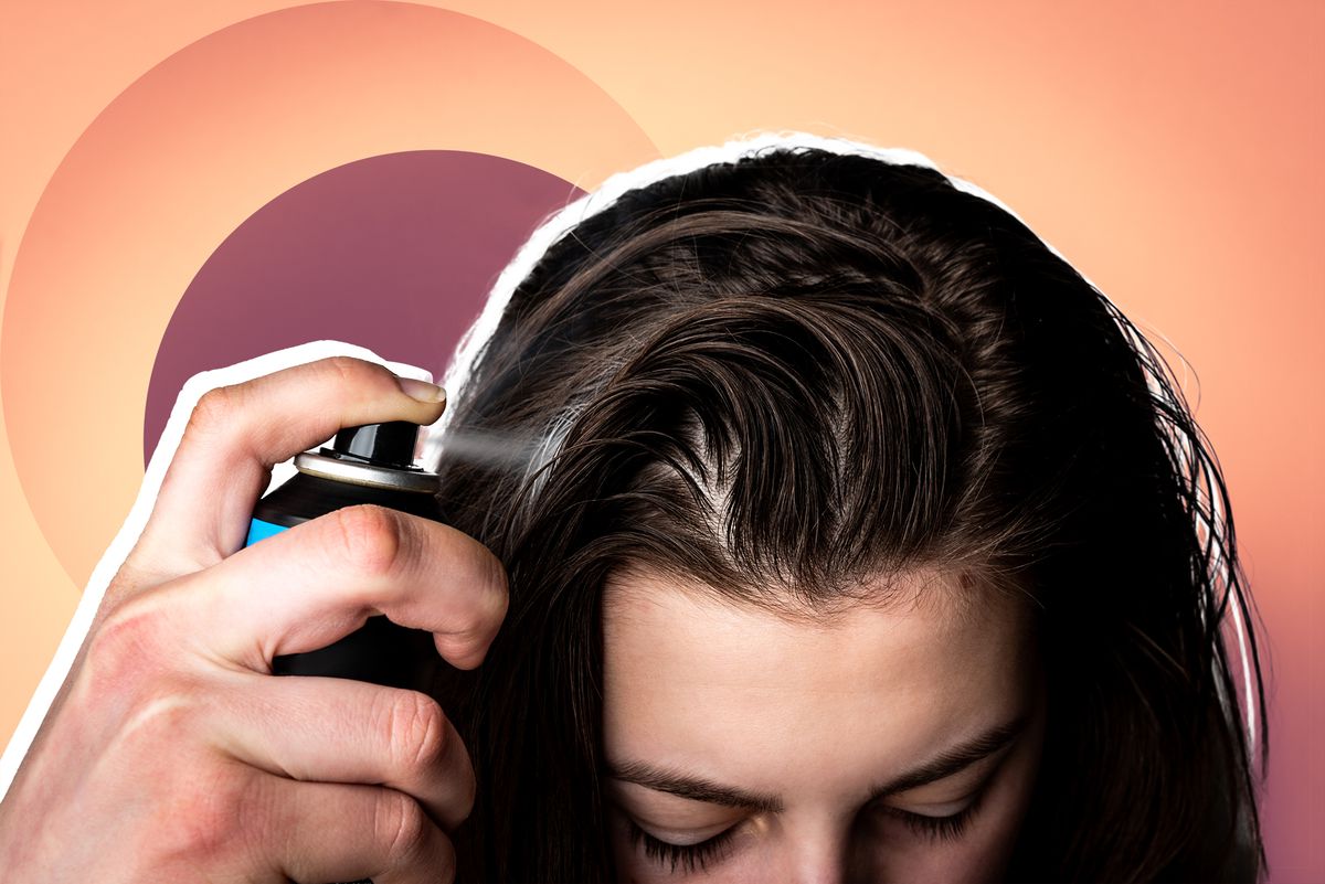 P&G Aerosol Dry Spray and Shampoo Recall , Woman applying dry spray shampoo on her dirty hair