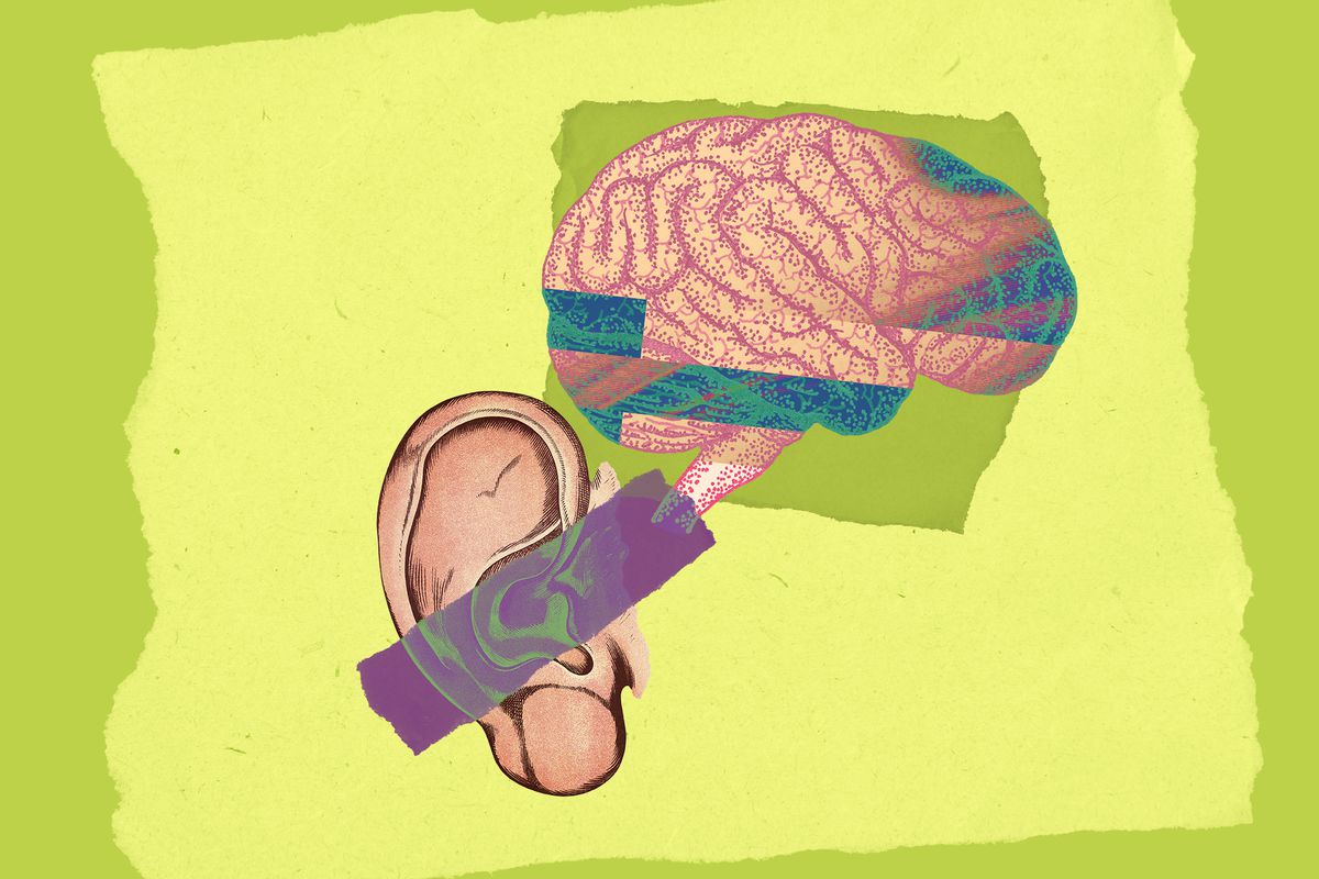 blocked ear and brain with glitch on green background with paper pieces
