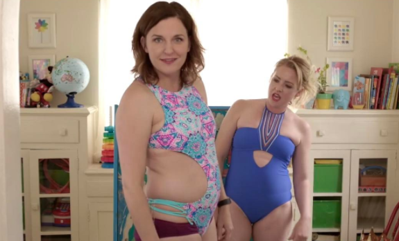 Two comedian moms try on swimsuits to show how absurd they are.