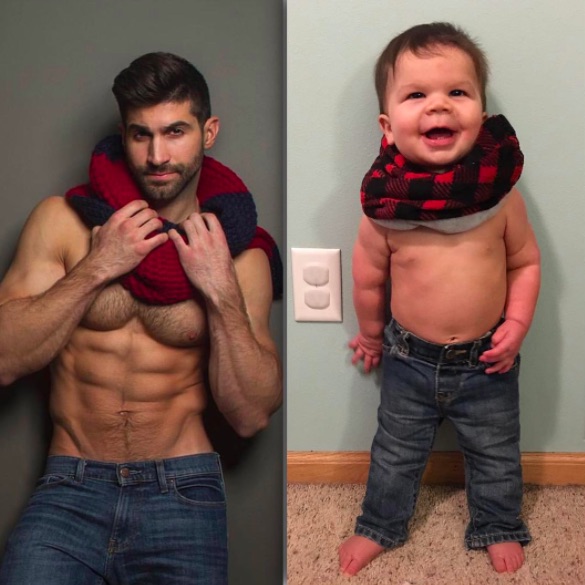 A toddler recreates his uncle's modeling photos
