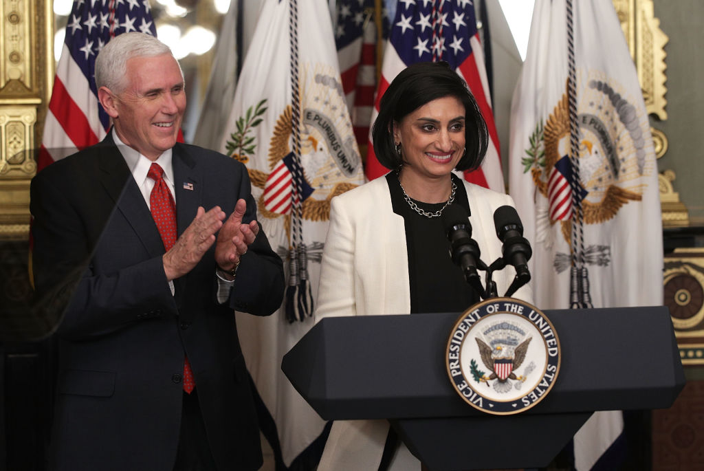 WASHINGTON, DC - MARCH 14: Seema Verma (R) speaks during a swearing-in ceremony, officiated by U.S. Vice President Mike Pence (L), in the Vice President's ceremonial office at Eisenhower Executive Building March 14, 2017 in Washington, DC. Verma has been sworn in to be the administrator of the Centers for Medicare and Medicaid Services for the Trump Administration. (Photo by Alex Wong/Getty Images)
