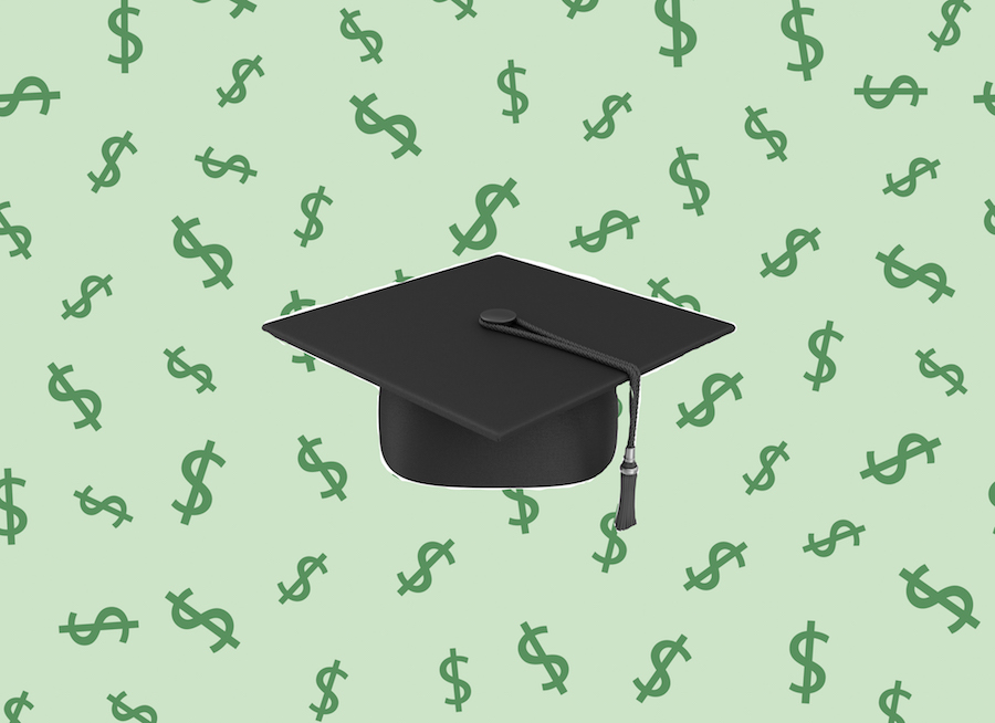 Graduation cap over collage of green dollar signs
