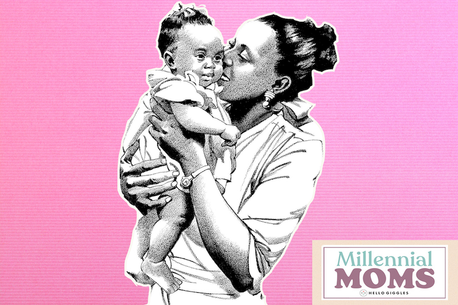Illustration of a Black mom and her baby on a pink bakckground