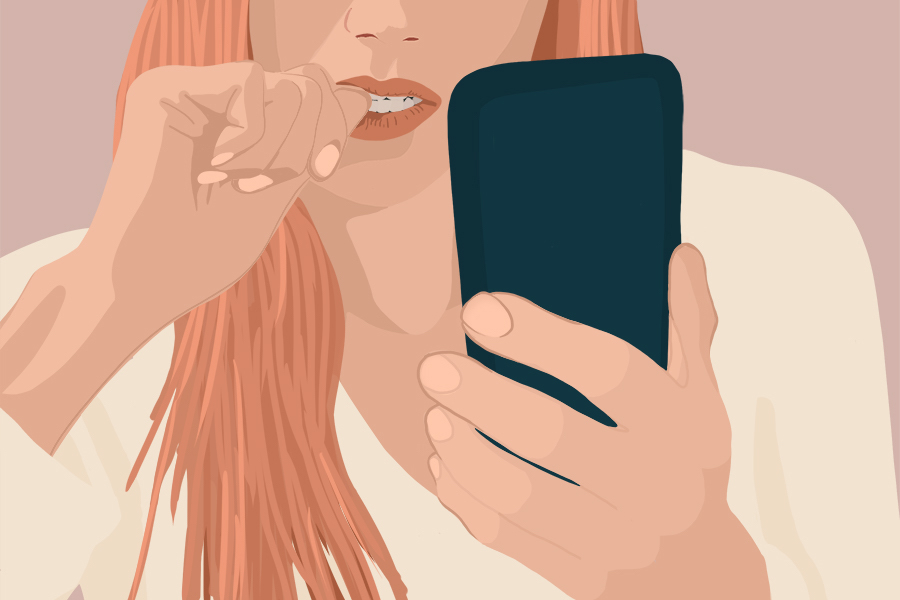 Illustration of woman looking at dating app on phone