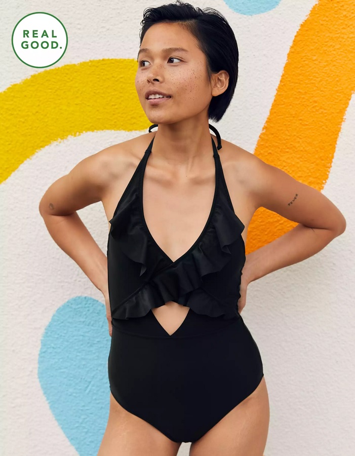aerie swim, one-piece swimsuit in black with ruffles